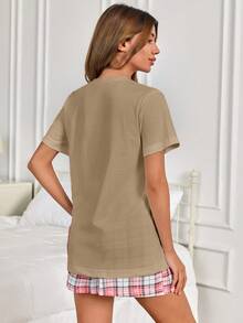 SHEIN Women Cotton 2 Pcs Cute Panda Pattern Short Sleeved Shirt&Plaid Pattern Short Homewear Comfort Pajama Set - Beige - View 2