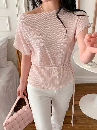 DAZY Women's Casual Solid Color Cinched Waist Shirt, Summer