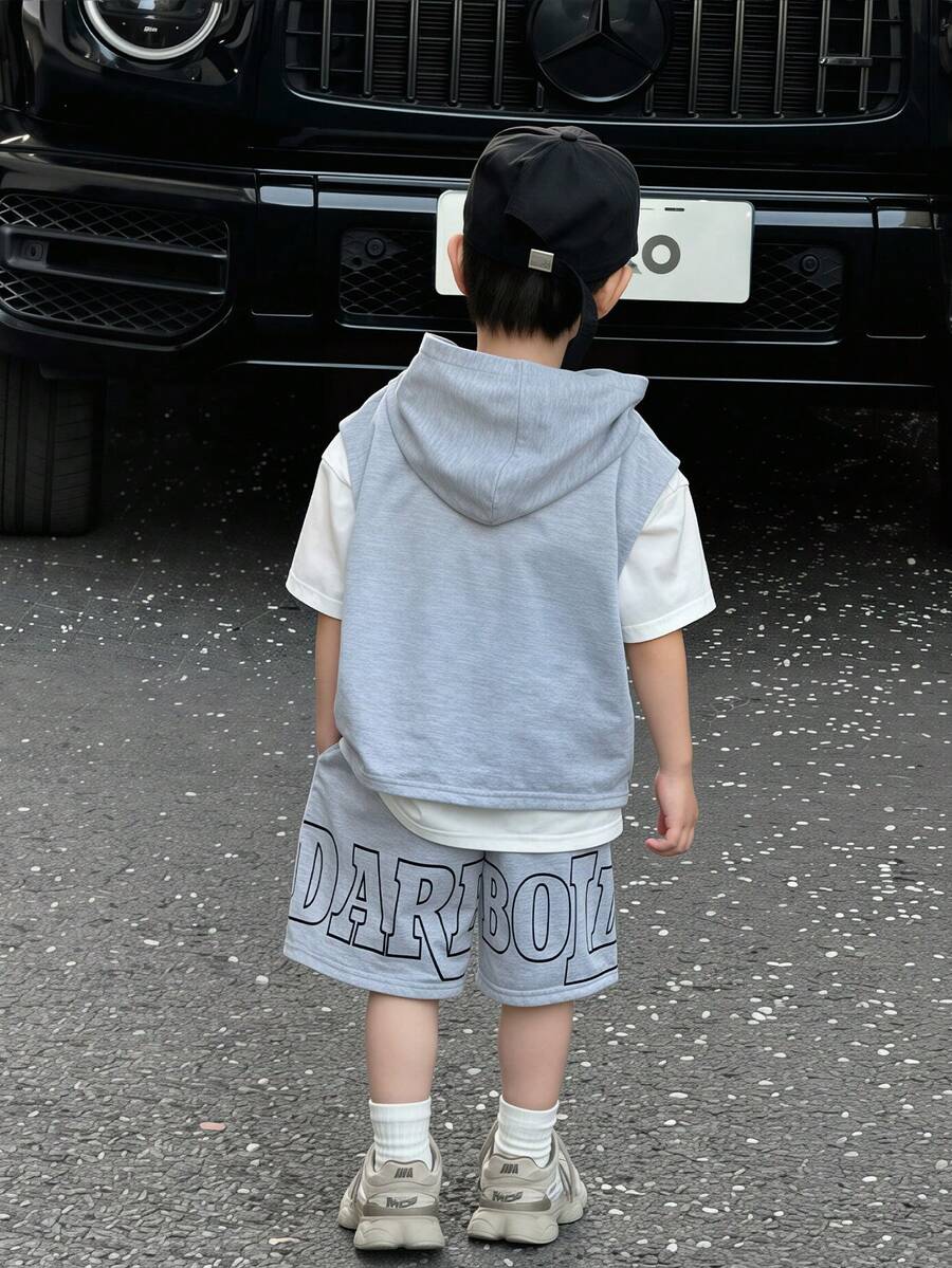 SHEIN 3pcs Kids Boy Casual Versatile Comfortable Letter Print Hooded Loose Knit T-Shirt And Shorts 3-Piece Set, Suitable For Spring/Summer, Daily Wear, Sports, Outings, School, Gatherings, Festivals, Photo Shoots, Back To School Season - Multicolor - View 1