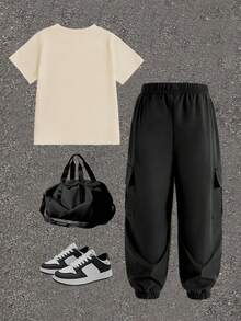 Bộ áo thun kẻ sọc California và quần cargo cho bé trai, trang phục thường ngày thời trang cho các bữa tiệc, lễ hội, mùa xuân/hè. - Nhiều màu - Xem 2