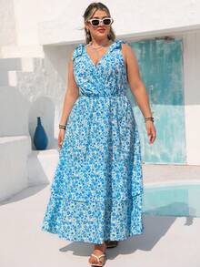 Vivid Eden Plus Size Women V-Neck Allover Print Ruched Fashion Date Party Dress - Blue and White - View 5
