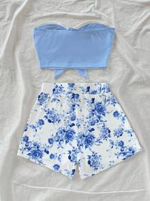 Soleia Women's Solid Color Ruched Bandeau Top And Floral Print Shorts 2-Piece Casual Outfit - Multicolor - View 2