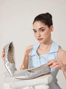 CUCCOO CHICEST Giày bệt mũi nhọn nữ màu bạc thêu hoa, giày bệt thời trang và thanh lịch, giày bệt thoải mái cho kỳ nghỉ, giày bệt thiết yếu cho nữ, giày cưới, giày mùa xuân, giày cô dâu - Bạc - Xem 6