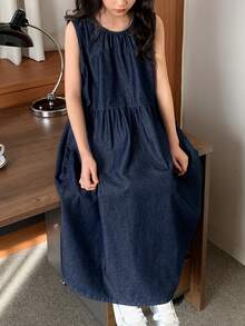 DAZY Đầm denim không tay cổ tròn cho bé gái tuổi teen - Màu xanh lam - Xem 6