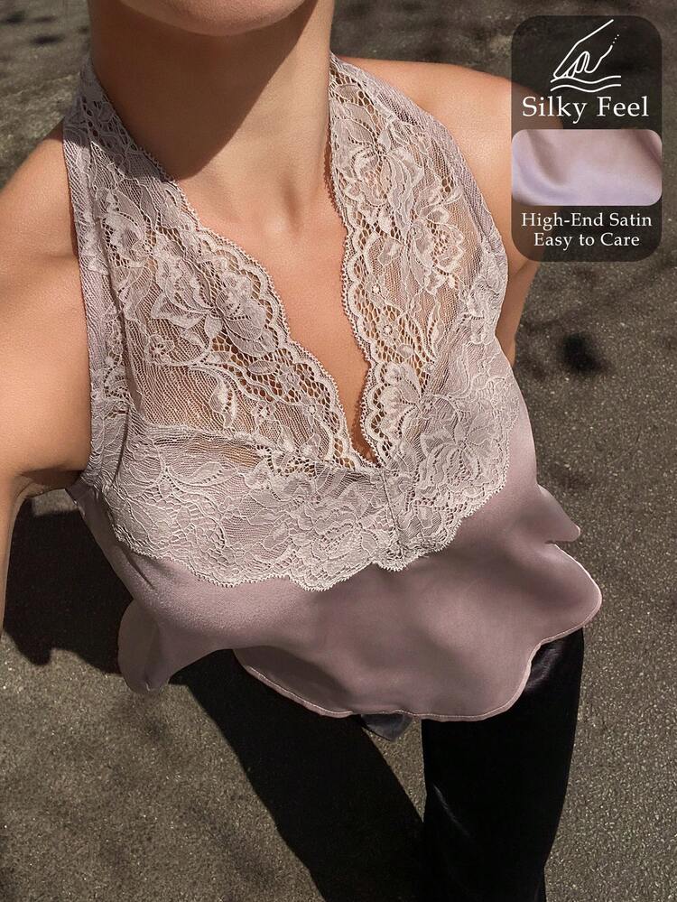 Women's Summer Satin & Lace Splice Halter Sleepwear Top