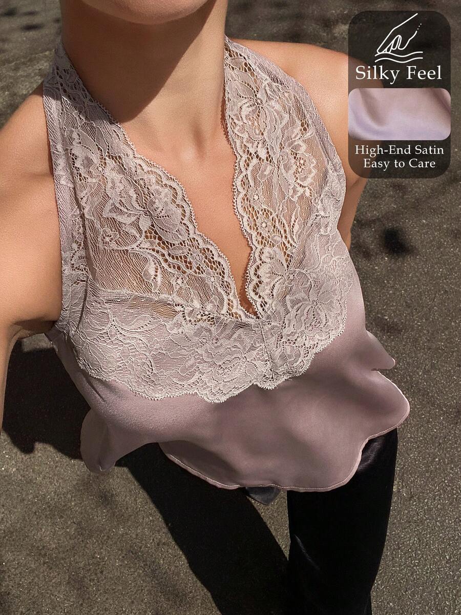 DAZY Women's Contrast Lace Halter Neck Sleepwear Top - Dusty Purple - View 1