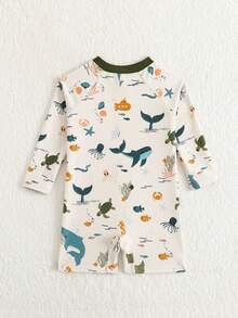 SHEIN Playful Pals Áo bơi dài tay, khóa kéo nửa thân trước, in hình sinh vật biển dành cho bé trai. - Nhiều màu - Xem 2