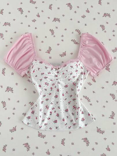 Elamini 白色针织提花碎花撞色粉色拼接心形领泡泡袖修身女式春夏T恤，甜美、可爱、优雅、浪漫，适合约会、度假、校园、日常穿着，百搭。