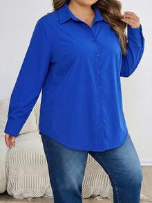 SHEIN CURVE+ 2025春夏大码白色休闲办公衬衫，ins风夏季/乡村/海滩度假穿搭/海滩装/沙滩服饰 - 藍色 - 查看 4