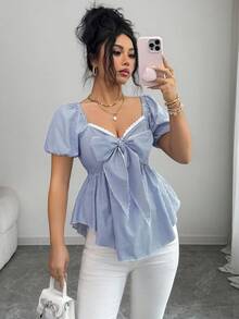 Elenzga New Arrival French Blue & White Striped Stylish Minimalist Design Square Neckline Bow Tie Waist Flattering Puff Sleeve Casual Everyday Blouse For Women - Blue and White - View 4