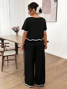 Lounesse Plus Size Women Loose Casual Round Neck Short Sleeve Shirt And Wide Leg Pants 2 Pieces Set - Black - View 2