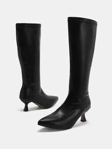 Glitzique Botas por encima de la rodilla de estilo coreano sencillo para otoño/invierno 2025, de material elástico, textura de ante, silueta ajustada, cremallera lateral, tacón alto de punta fina, tacón de gatito - Negro - Ver 10