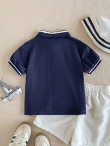 PrepCrw 男童长袖 Polo 领 T 恤，学院风 - 藏蓝色 - 查看 3