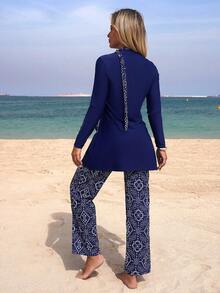 Swim Mulvari 3件套复古纯色吊带背心、长袖上衣和印花长裤，女士休闲沙滩度假泳装 - 藏蓝色 - 查看 2