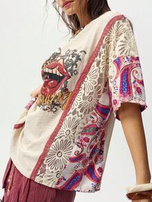 Bohemela 休闲纯色针织圆领短袖宽松水洗女式T恤 - 杏色 - 查看 3