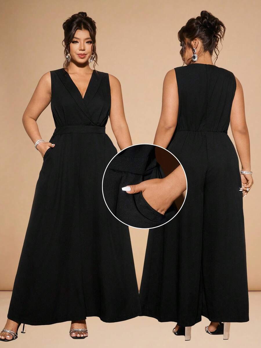 Cravure Plus Size Sleeveless Jumpsuit Plus Size Formal Jumpsuit Plus Size Black Elegant Jumpsuit - Black - View 1