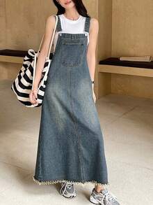 DAZY Teen Girl Casual Everyday Commute Minimalist Versatile Patchwork Pocket Frayed Hem Loose Denim Pinafore Dress, Spring/Summer/Autumn - Blue - View 4