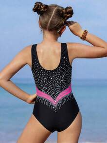 SHEIN Tween Girls' Vacation Beach Rhinestone Print One-Piece Swimsuit - Black - View 5