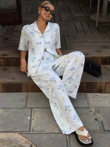 DAZY 2pcs Plant Pattern Loose Cardigan Short Sleeve & Straight Leg Long Pajama Pants Set, Women Summer Sleepwear - Beige - View 4