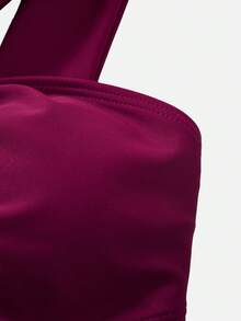 Swim Oasis 女士夏季沙滩纯色金属装饰时尚比基尼三角裤泳衣套装带裙子 - 酒紅色 - 查看 11