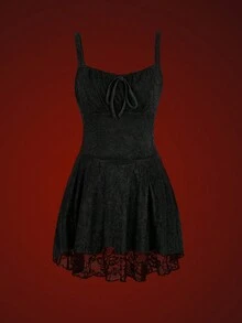 Glisette 女士时尚黑色蕾丝前系带吊带连衣裙 - 黑色 - 查看 2