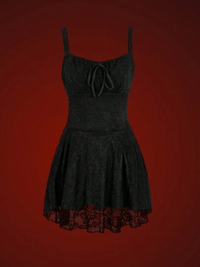 Glisette Vestido camisero de mujer con lazo delantero de encaje negro