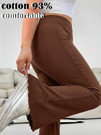 Solflare Plus Size Women's Solid Color Casual Versatile Flared Wide Leg Pants For Daily Wear,For Daily Commute,Date, Commute, Party,Fall /Autumn/Winter/Summer,Christmas,New Year,Thanksgiving,Party,Wedding,Beach,Graduati,Chic,Elegant,Casual,Going Out,Date,Appointment,Commute,Shining,Valentine's Day,Elegant ,Vacation,Casual,Y2k,Going Out,Graduation Comfortable Pants Long Brown Pants Stretchy Pants Ribbed Pants Brown Ribbed Pants