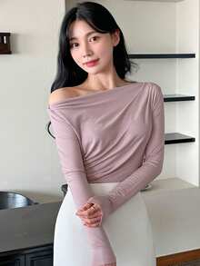 DAZY 女士优雅紫色不对称肩部修身T恤 - 紫色 - 查看 3