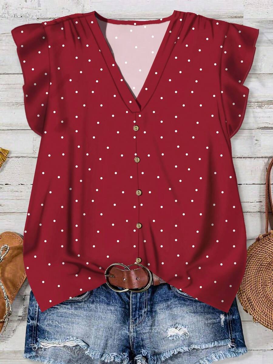 SHEIN LUNE Blus Kasual Lengan Pendek Motif Polkadot Wanita, Cocok untuk Musim Panas, Atasan Musim Panas - MultiWarna - View 1