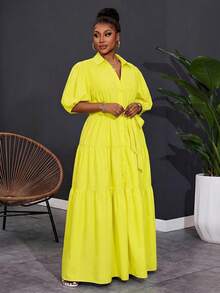 SHEIN CURVE+ 2025 Plus Size Women Solid Color Short Sleeve Spring A-Line Ruched Panel Maxi Dress,Curve Plus ,Hoho Vacation - Yellow - View 5