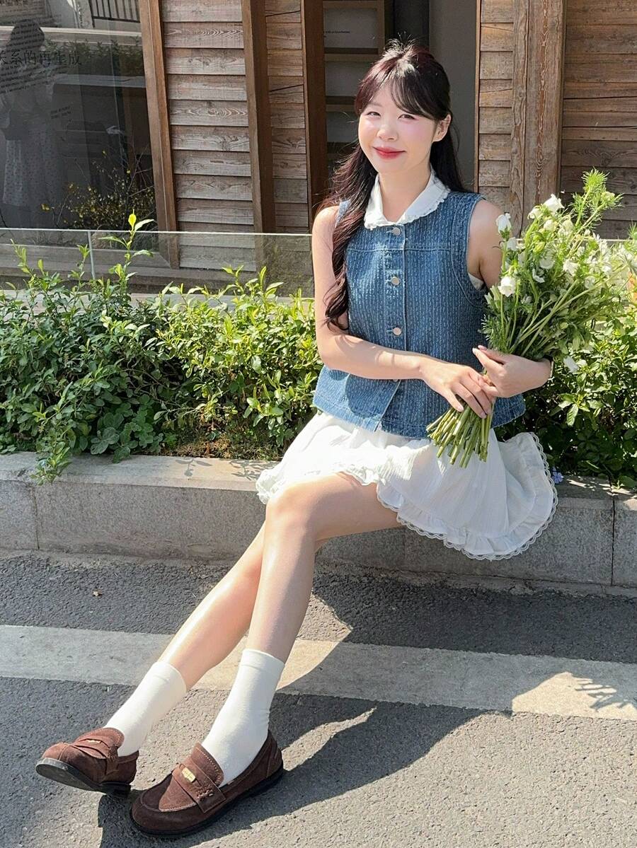 DAZY 女士单排扣蕾丝休闲百搭牛仔上衣，适合日常穿着 - 藍色 - 查看 1