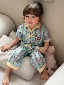 Dazy Kids Bộ đồ ngủ dài tay cổ sọc cho bé gái sơ sinh/trẻ nhỏ - Màu xanh lam - Xem 6