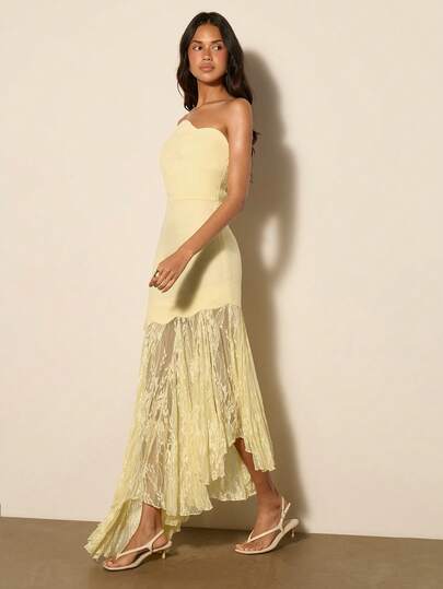 COSMINA Women's Elegant Asymmetric Lace Patchwork Midi Dress With Ruffle Hem, Suitable For Spring, Dates, Parties, Weddings
