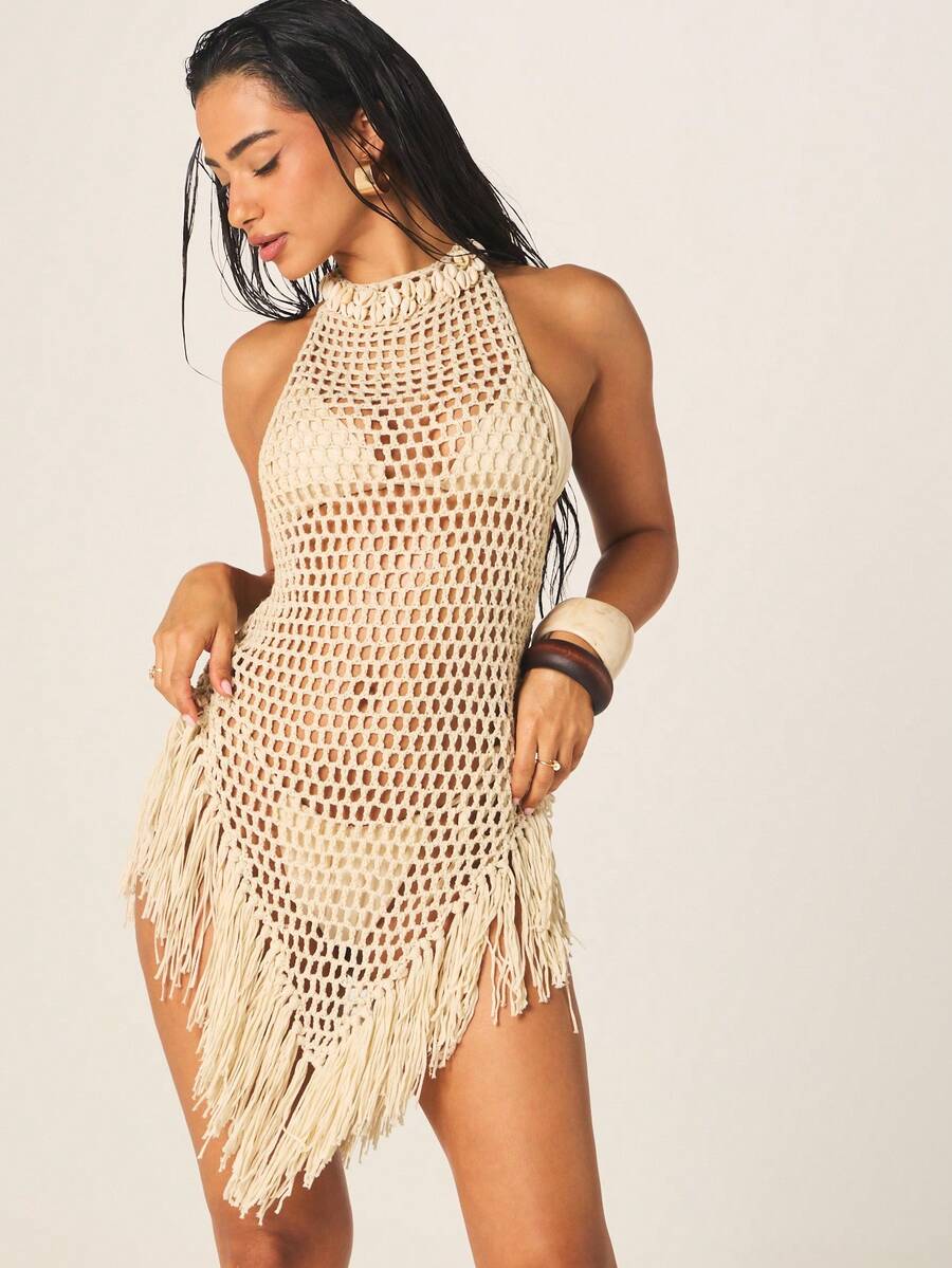 MISSGUIDED Halter Neck Crochet Mini Dress With Fringe Detail Open Weave Summer Beach Coverup Sleeveless - Apricot - View 1