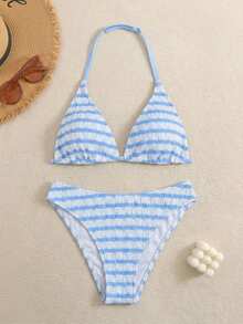 SHEIN 少女夏季泳装度假条纹露背系带性感比基尼套装，2件套，夏季沙滩 - 杏色 - 查看 1