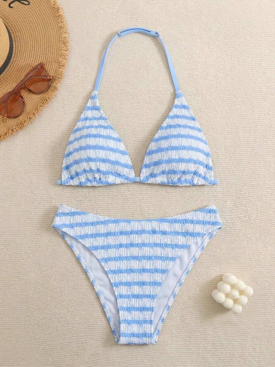 SHEIN 少女夏季泳装度假条纹露背系带性感比基尼套装，2件套，夏季沙滩 - 杏色 - 查看 1