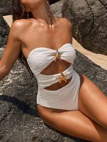 Opulessa 女士镂空海星装饰抹胸连体泳衣，适合海滩度假 - 杏色 - 查看 5