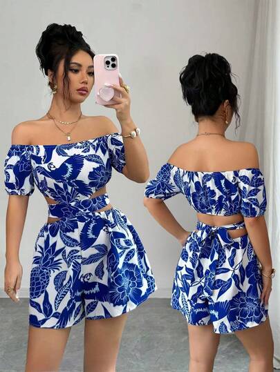 Elenzga Women's Summer Vacation Casual Blue & White Floral Off Shoulder Petal Sleeve Hollow Waist Romper