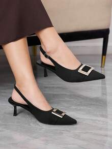 Sleekvia 女士尖头露跟针织黑色性感通勤低帮搭扣细高跟鞋 - 黑色 - 查看 4