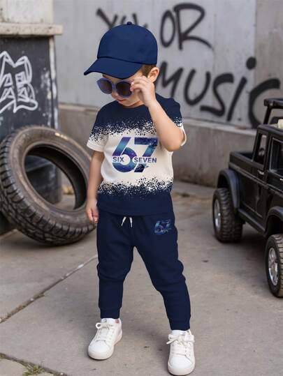 2pcs/Set 67 Numeric Graphic Print Outfit, Fashionable & Comfortable Casual Crew Neck T-Shirt + Blue Pants, Boys Short Sleeve Top & Trousers Set