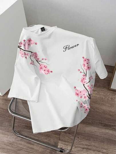 Manfinity Joysei Erkekler için Harf ve Ağaç Dalı Baskılı Yuvarlak Yaka Kısa Kollu Günlük Tişört