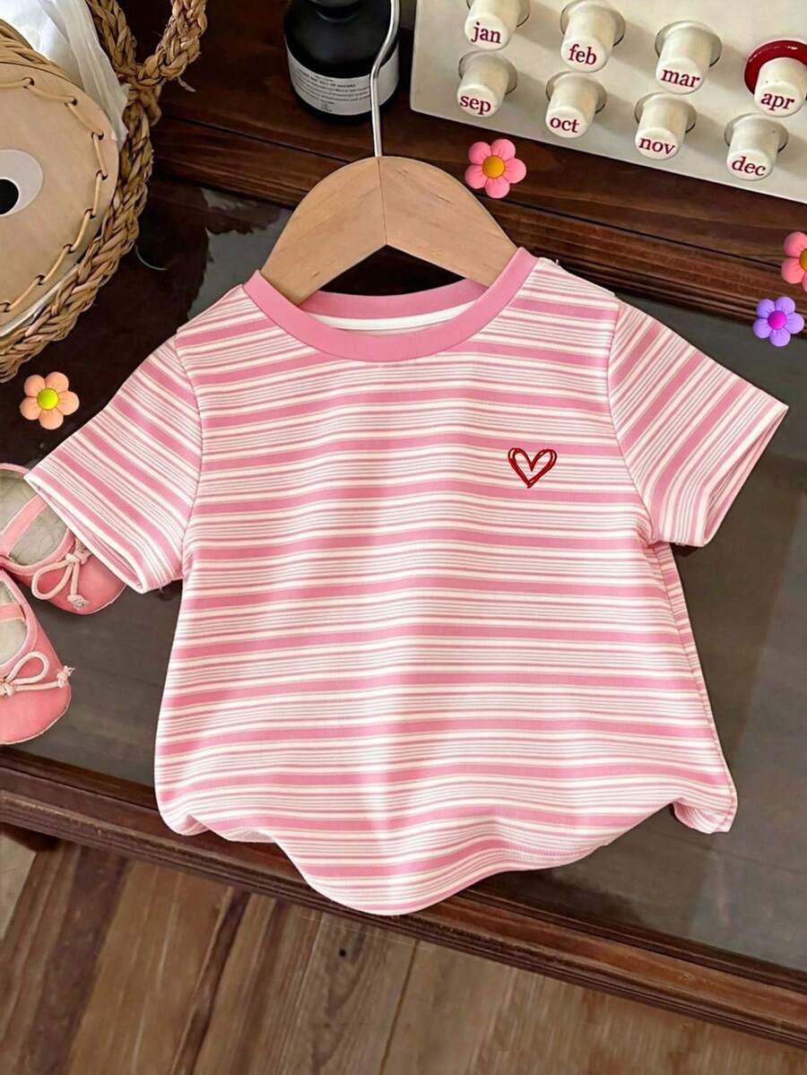 SHEIN 女婴休闲条纹爱心图案T恤，百搭甜美粉色圆领常规款T恤，适合春夏日常穿着、居家、度假。 - 彩色 - 查看 1