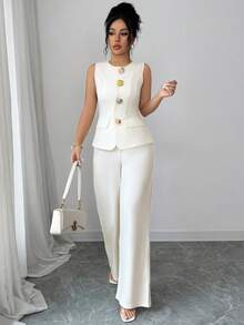 Elenzga Women's Fashionable Spring/Summer High-End Metal Buckle Round Neck Vest And High Waist Wide Leg Pants 2 Pieces Set - White - View 6