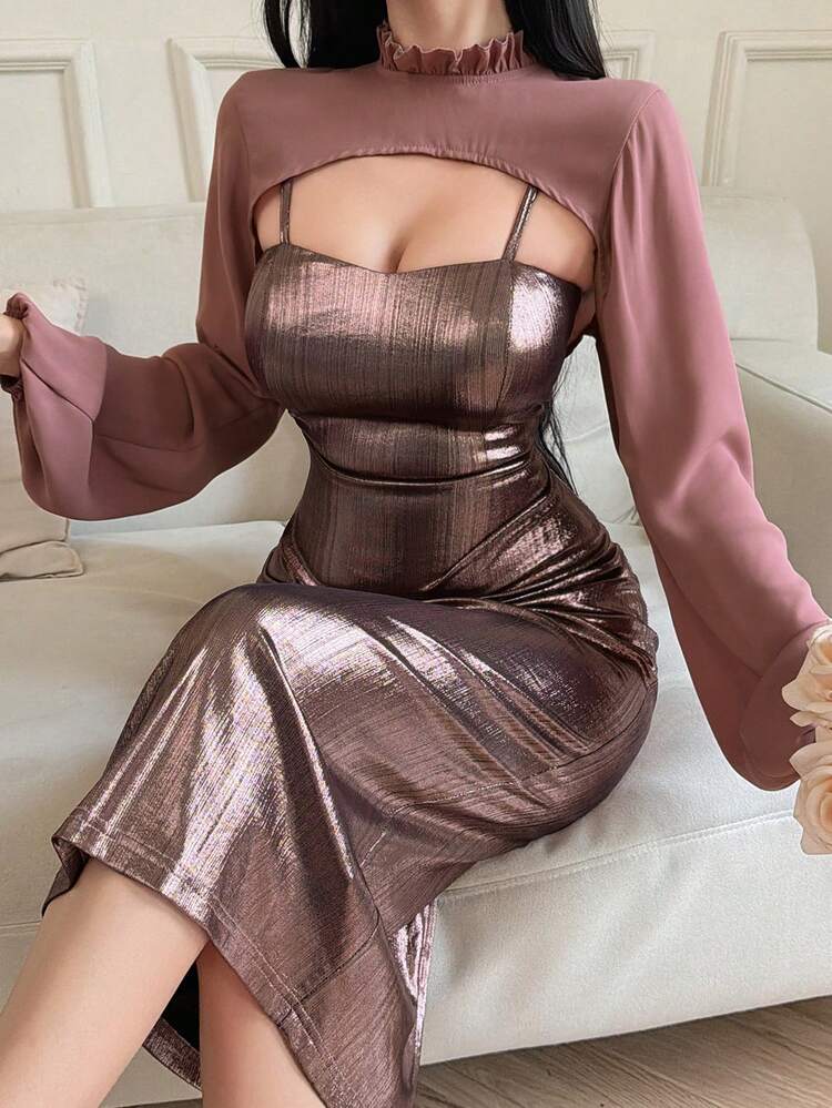 2pcs Women Set: Solid Color Frill Stand Collar Lantern Sleeve Cropped Top And Metal Accent Camisole Dress Summer