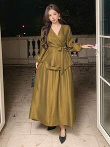 Dazy Kids 2件套春季高端连体上衣+高腰喇叭裙衬衫套装，适合少女 - 芥末黃 - 查看 8