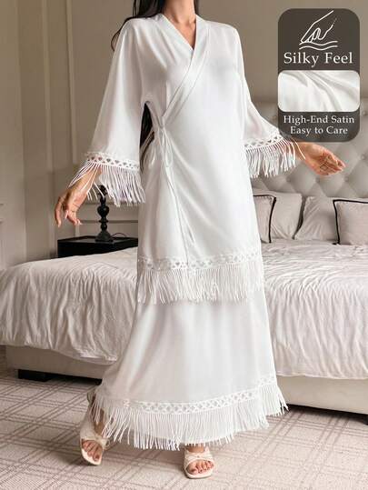 DAZY 女士纯色流苏下摆腰带睡袍半裙套装