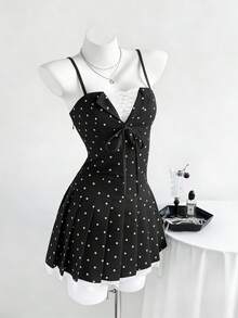 Elamini 女士波点印花前系带休闲连衣裙 - 黑色 - 查看 6