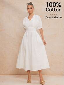 Lumalex Đầm dài đến mắt cá chân xòe rộng, tay lửng, chất liệu 100% cotton, thoải mái, có túi, dành cho nữ. - trắng - Xem 11