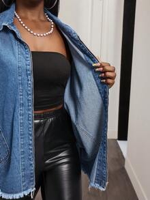 Slaydiva 女士毛边下摆蝙蝠袖宽松拉链休闲牛仔外套 - 黑色 - 查看 7