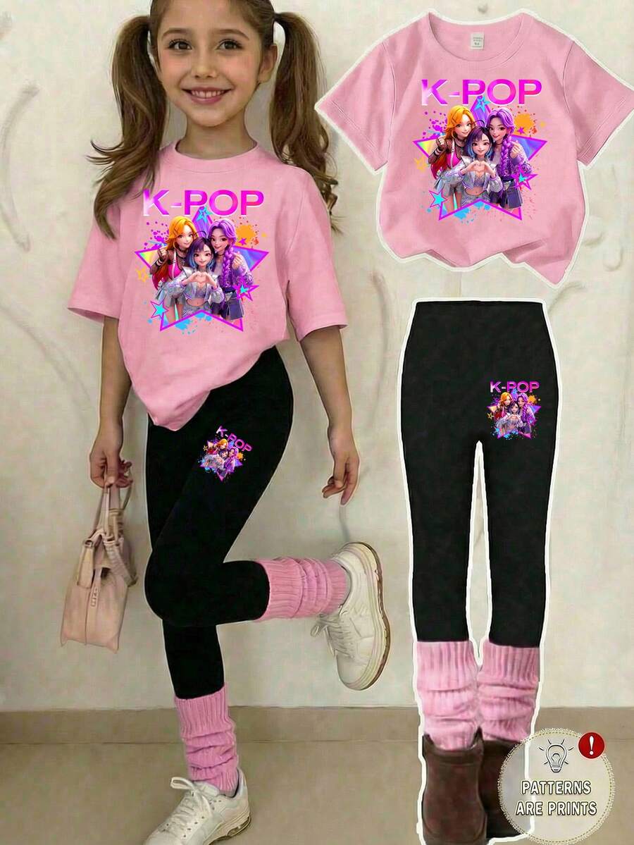 Young Girls Cartoon Print T-Shirt And Pants Set - Multicolor - View 1